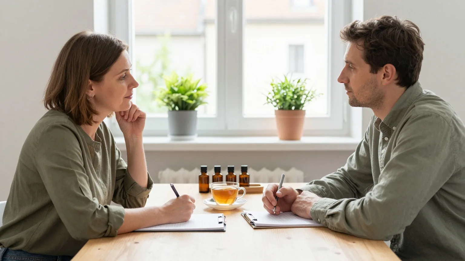 Eine Frau und ein Mann sitzen sich in einem hellen Besprechungszimmer an einem Holztisch gegenüber