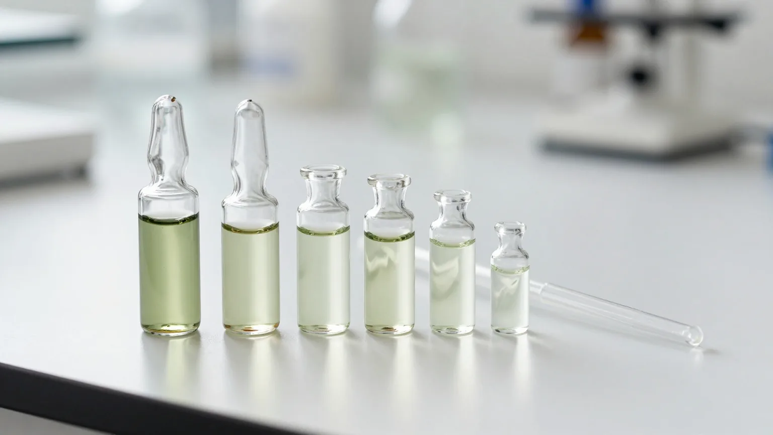 Eine Reihe kleiner Glasfläschchen mit klarer Flüssigkeit auf einem weißen Labortisch, daneben eine Pipette