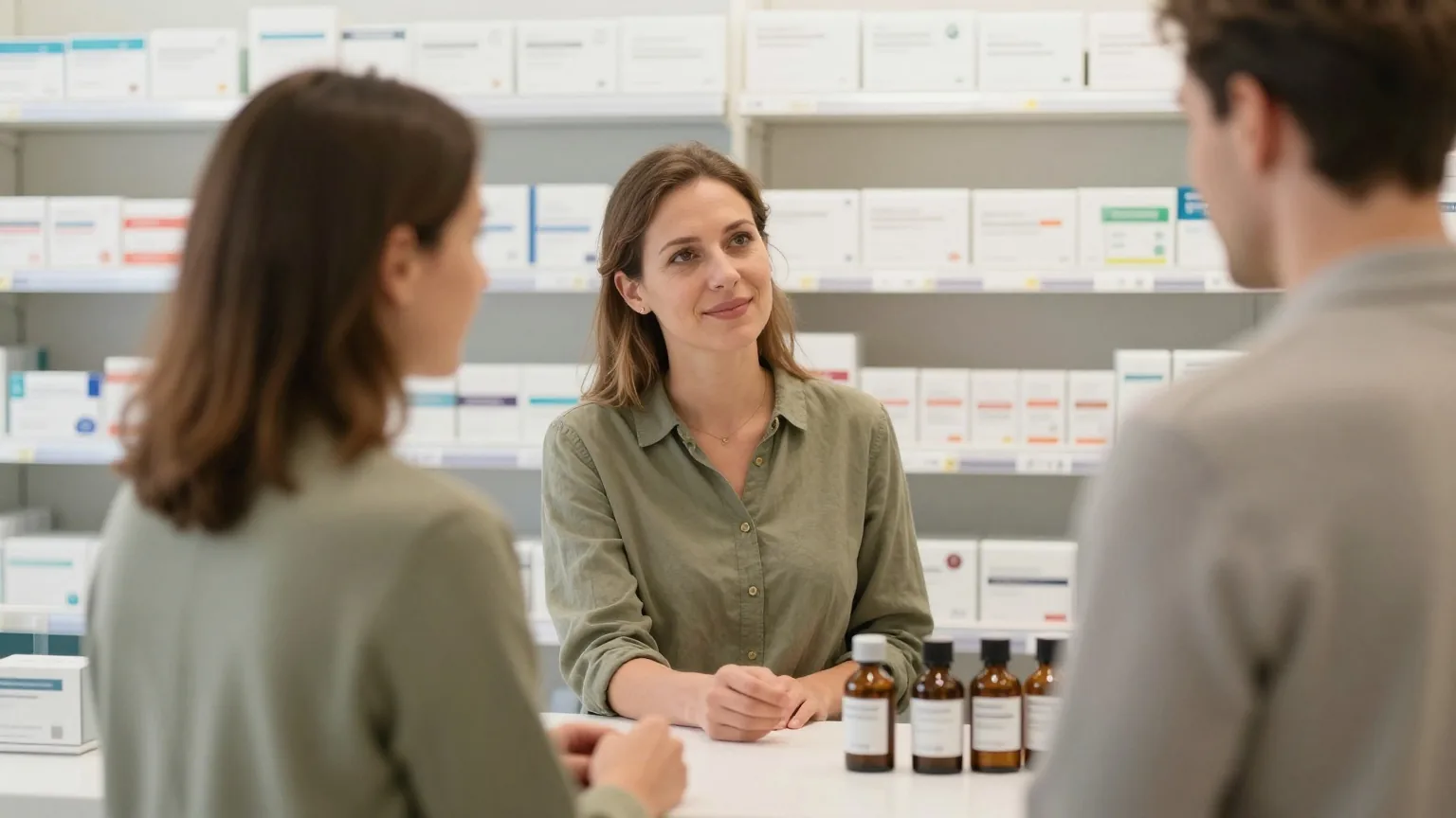 Frau spricht in einer Apotheke am Tresen mit einem Apotheker, im Hintergrund Regale mit weißen Schachteln