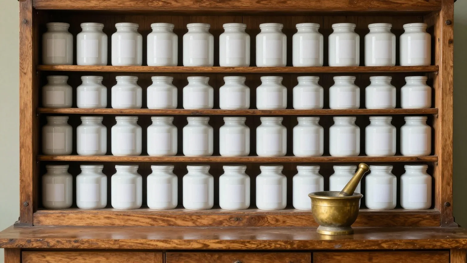 Alter Apothekerschrank aus Holz mit unbeschrifteten Porzellandosen, davor ein Mörser aus Messing