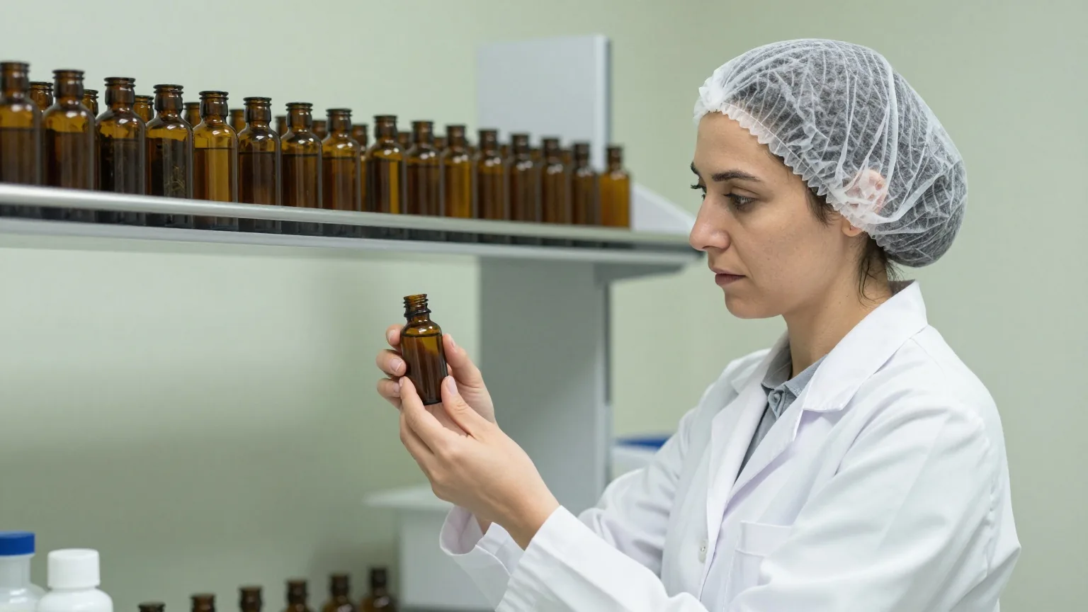 Apothekerin im weißen Kittel hält ein kleines braunes Glasfläschchen, dahinter Regale mit gleichen Fläschchen ohne Beschriftung