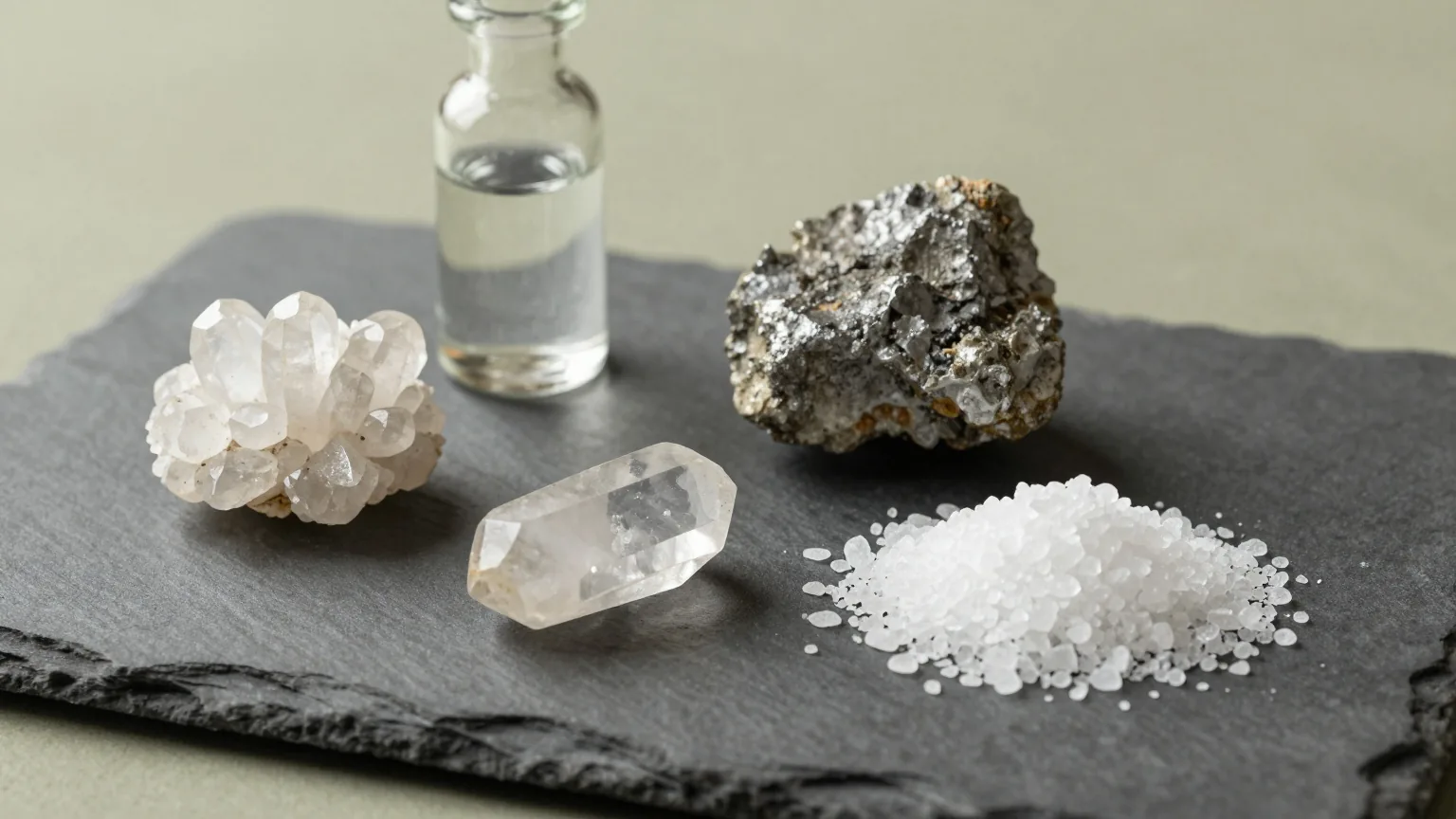 Mehrere Mineralproben auf einer Schieferplatte: Quarzkristalle, ein grauer Erzbrocken und grobe weiße Salzkristalle