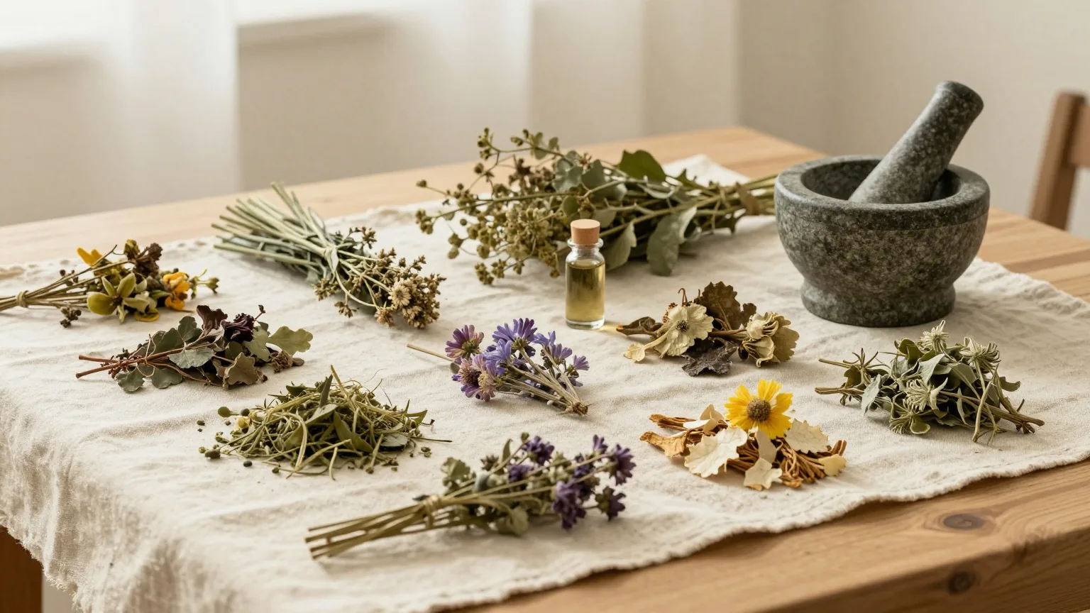 Gebündelte getrocknete Kräuter und Blüten auf grobem Leinen auf einem Holztisch, daneben ein kleiner Steinmörser