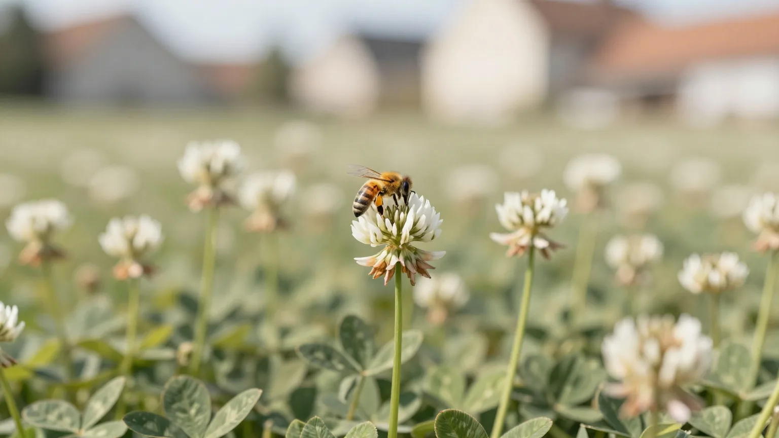 Honigbiene auf einer weißen Kleeblüte in einer sonnigen Wiese im weichen Morgenlicht