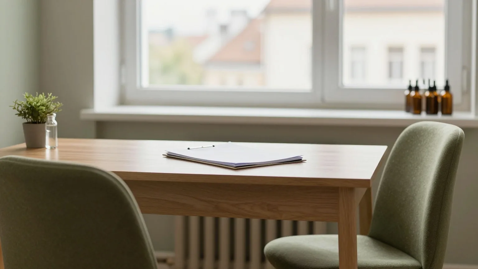 Ruhiges Beratungszimmer mit zwei leeren Stühlen vor einem Holzschreibtisch, darauf ein geschlossener Ordner und ein Stift