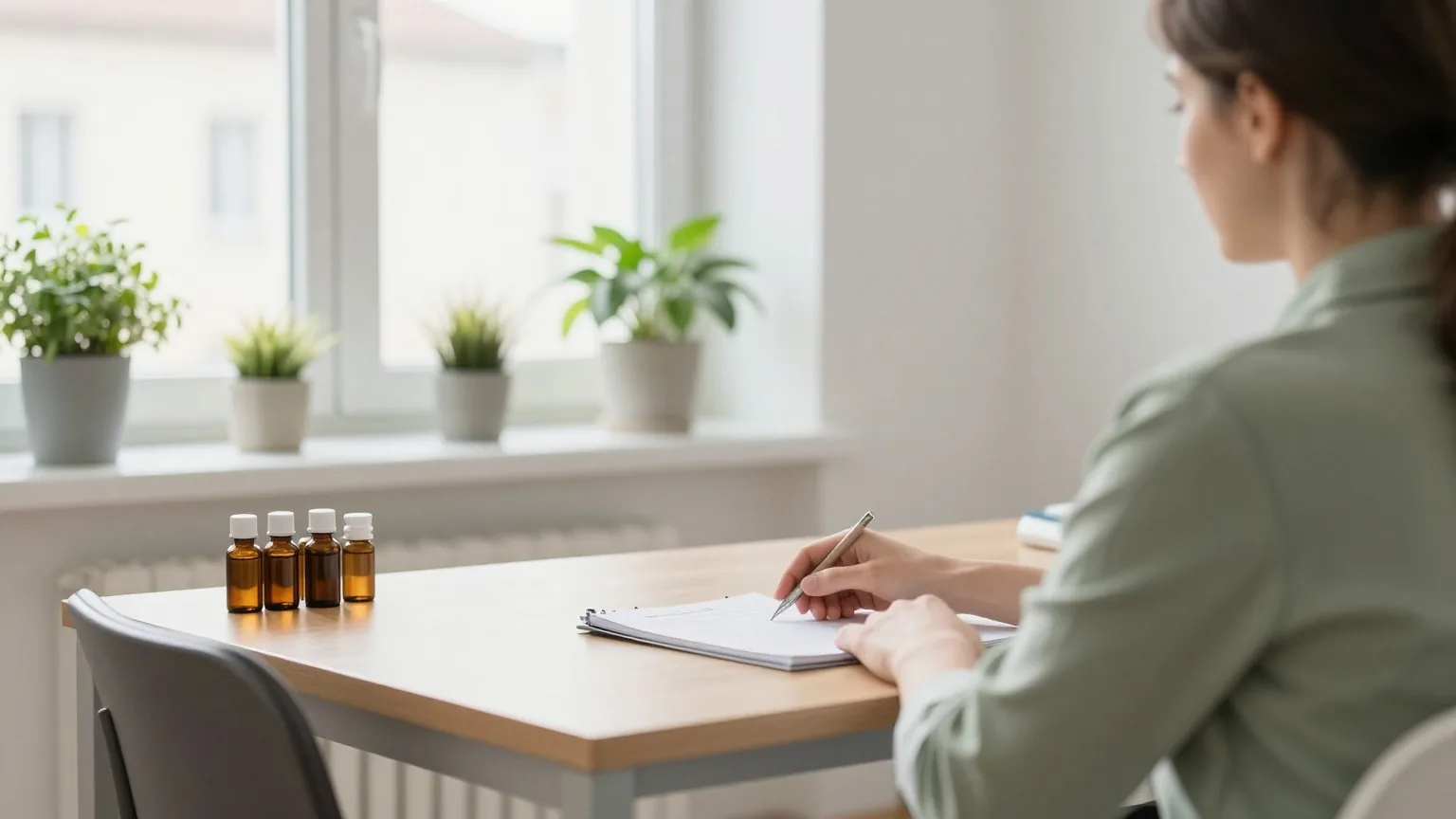 Helles Sprechzimmer mit Holzschreibtisch, zwei Stühlen und geschlossenem Notizbuch, Pflanzen auf der Fensterbank