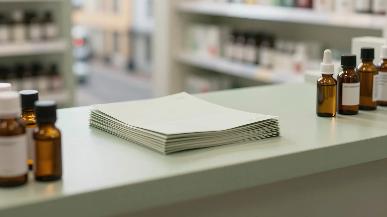 Apothekentheke mit einem kleinen Stapel schlichter Faltblätter neben einigen braunen Glasfläschchen im Morgenlicht