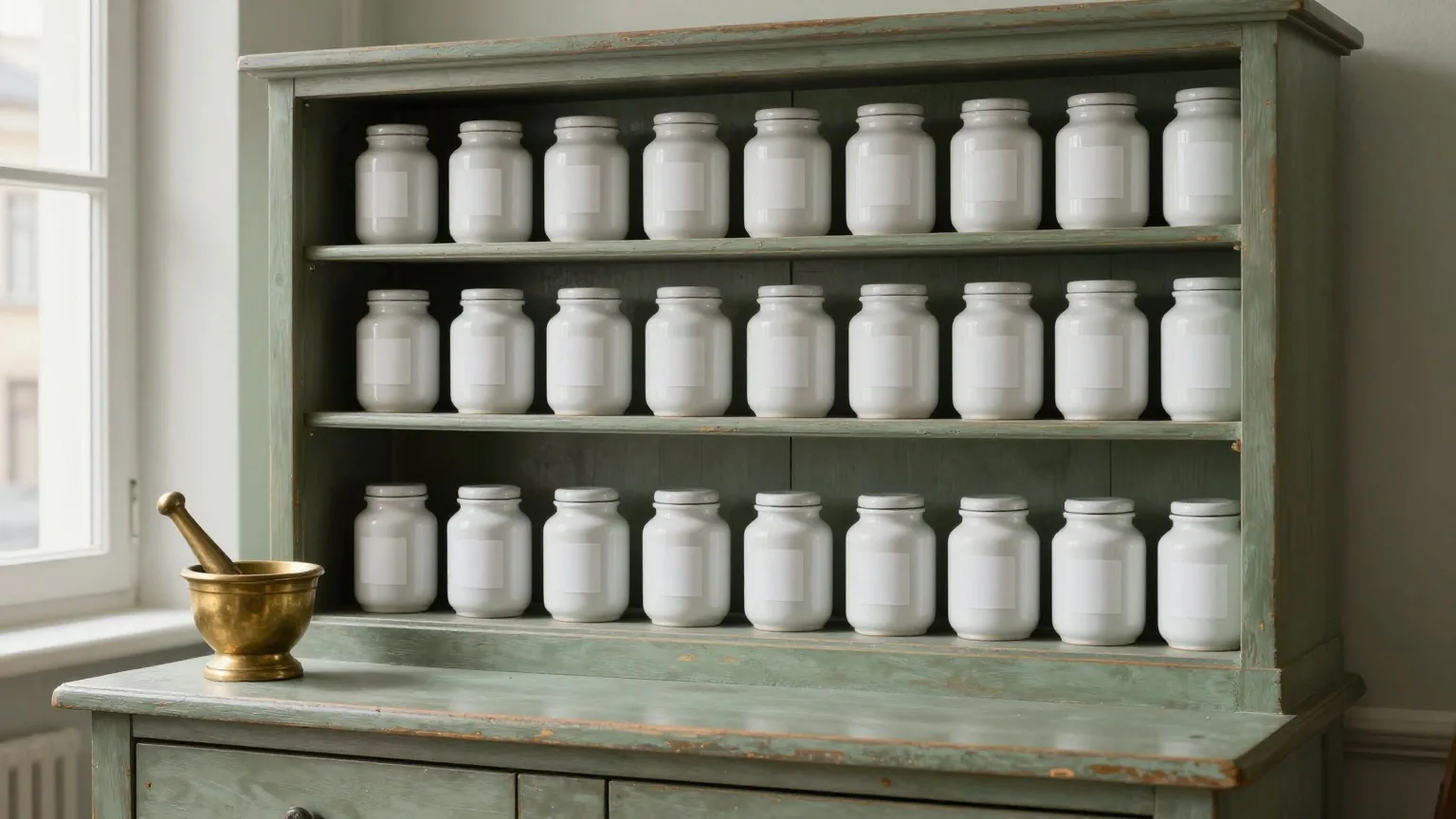 Alter Apothekerschrank aus Holz mit weißen Porzellangefäßen ohne Beschriftung, davor ein Mörser aus Messing im Tageslicht