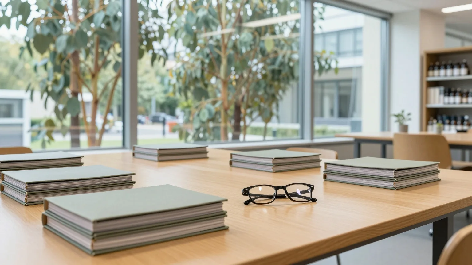 Langer Holztisch in einer hellen Bibliothek mit Stapeln geschlossener grauer Mappen, draußen Eukalyptusbäume vor hohen Fenstern