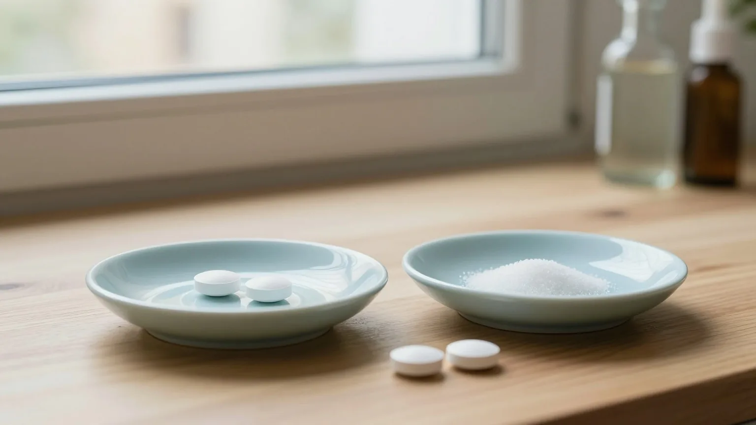 Zwei gleiche weiße Tabletten und einige weiße Zuckerkügelchen auf einer hellblauen Untertasse auf einem Holztisch