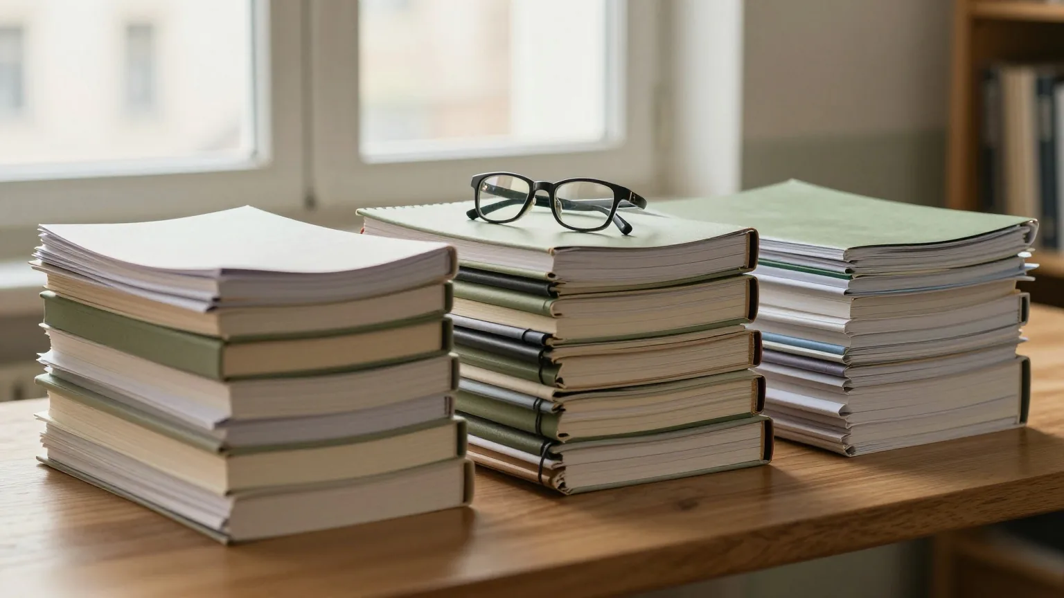 Stapel gebundener Fachzeitschriften und Mappen auf einem langen Holztisch, obenauf liegt eine Lesebrille