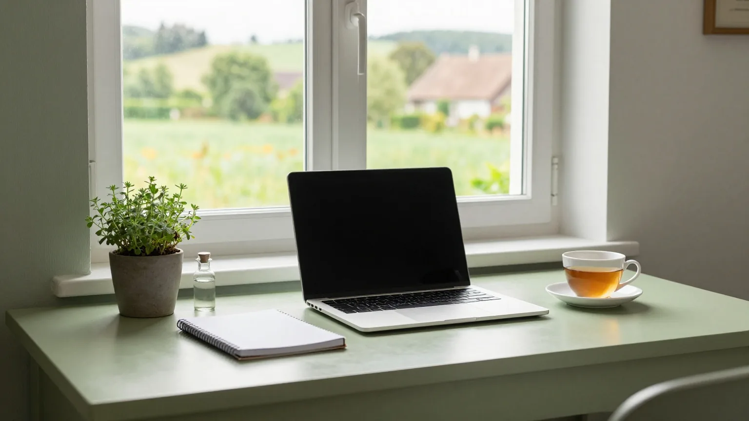 Aufgeräumter Schreibtisch am Fenster eines Dorfhauses mit zugeklapptem Laptop, Notizbuch, Kräutertopf und Teetasse